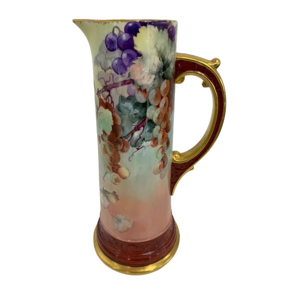 Limoges WG Tankard Pitcher Vase Hand Paint Grapes France 15" Gold Pink 6564 - Picture 2 of 10